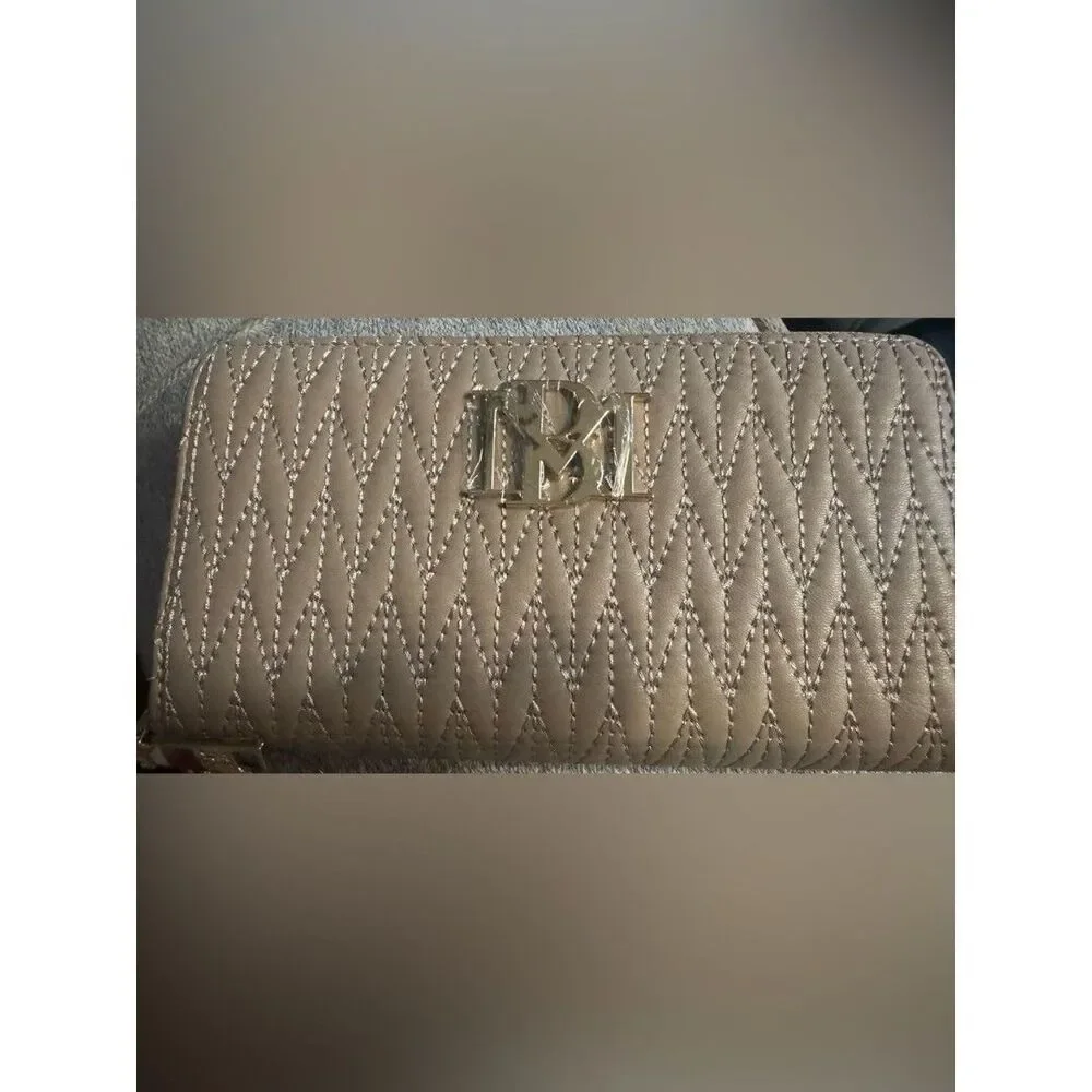 Badgley Mischka Quilted Metallic Taupe Logo Zip Wallet
